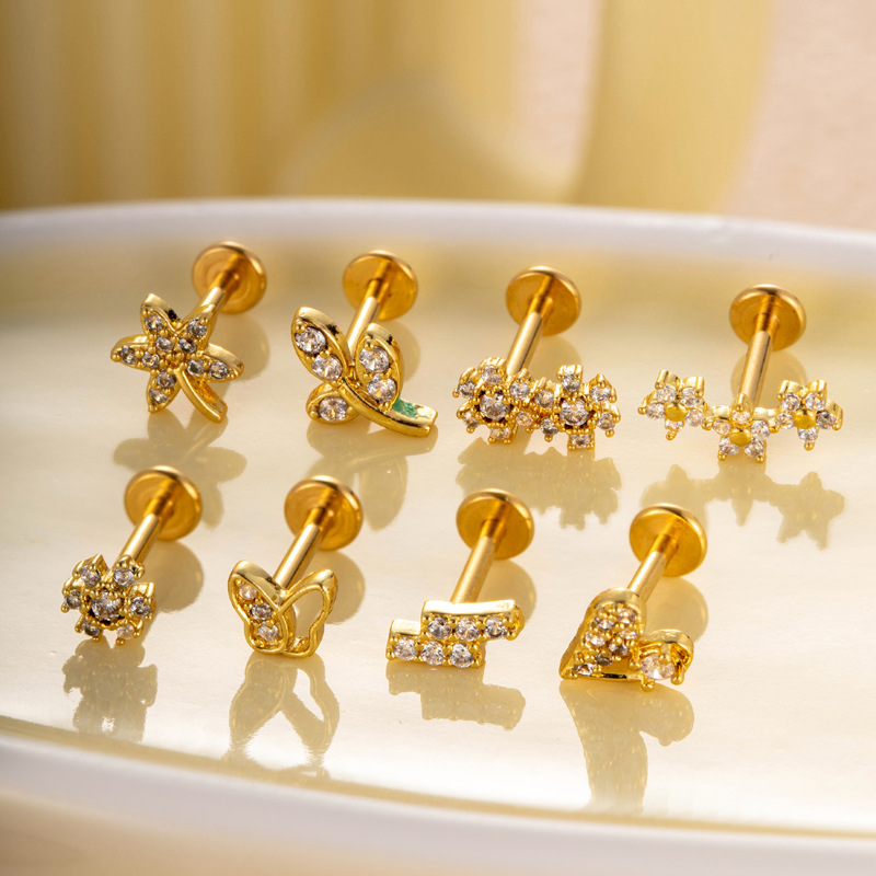 1 paire de boucles d&#39;oreilles piercing pour femme en forme de cœur simple, couleur cuivre et or, zircone Image5