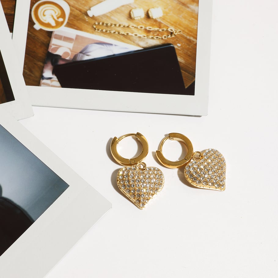 Luxurious Heart Stainless Steel Gold Color Drop Earrings 