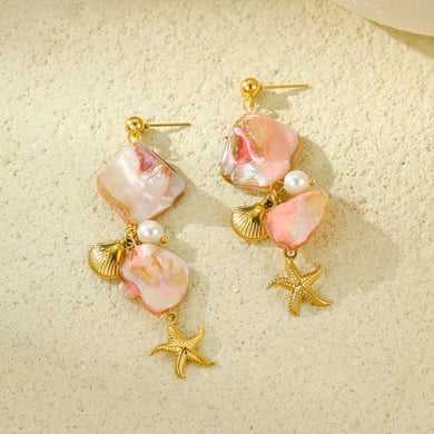 Pendientes de mujer con concha rosa y estrella de mar de la serie romántica h5 Imagen5