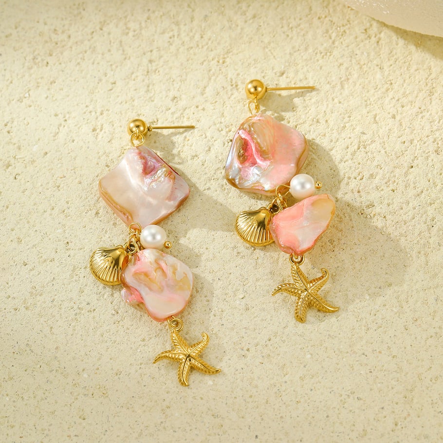 Pendientes de mujer con concha rosa y estrella de mar de la serie romántica Imagen5