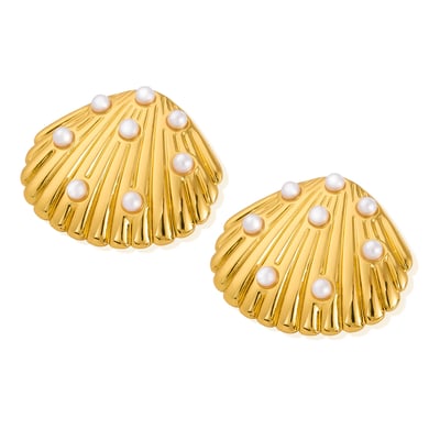 1 paio di splendidi orecchini a bottone da donna in acciaio inossidabile color oro con conchiglia h5 