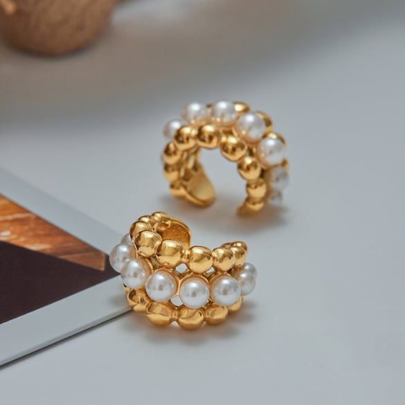 Orecchini pendenti in acciaio inossidabile color oro con perline retrò 2