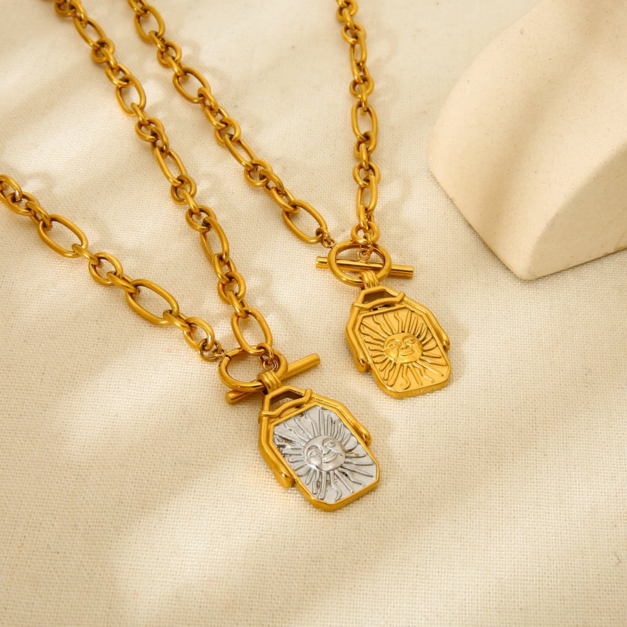 1 Paar Retro-Halsketten mit Sonne-/Mond-Anhänger aus Edelstahl in Goldfarbe für Unisex Bild2