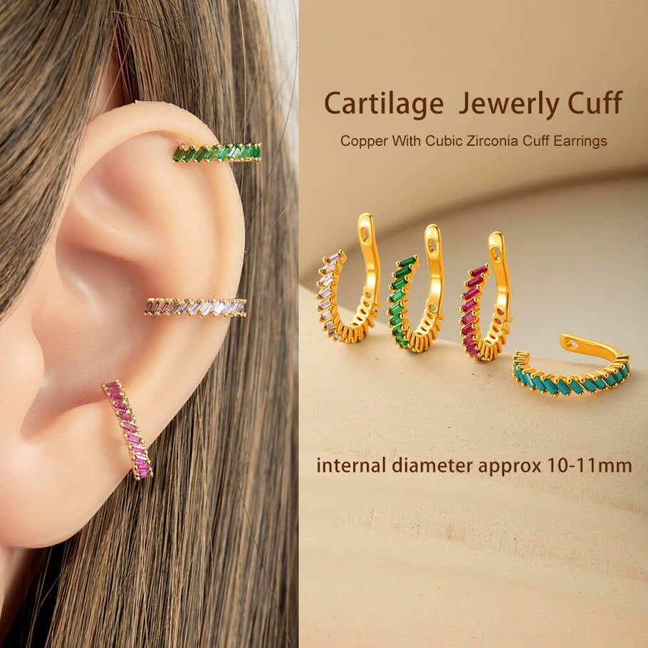 Pendientes de clip rectangulares de cobre y circonitas doradas para mujer (1 pieza) Imagen5