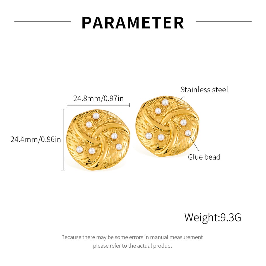 1 par de pendientes de botón de acero inoxidable con perlas artificiales de color dorado y geométricos de uso diario para mujer Imagen2