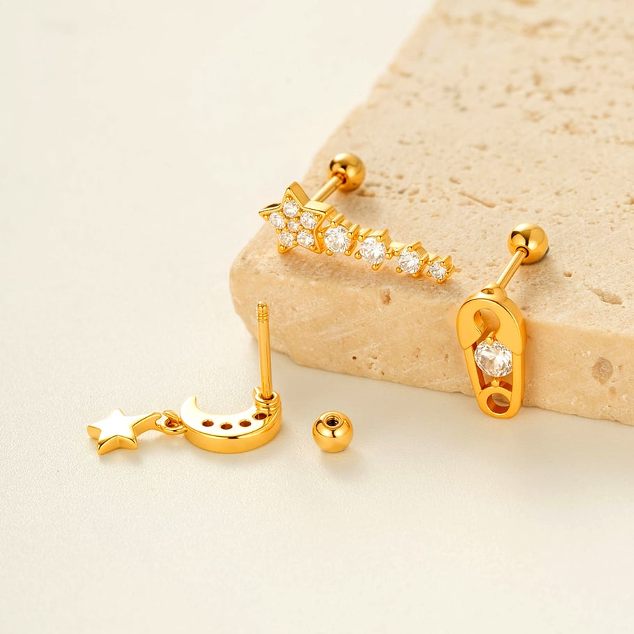 Stern Kupfer Gold Farbe Zirkon Piercings Ohrringe Bild3