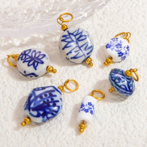 Blue and White Porcelain Stainless Steel Gold Color Women's Pendants