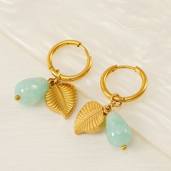 Boucles d&#39;oreilles pendantes en acier inoxydable couleur or avec feuilles