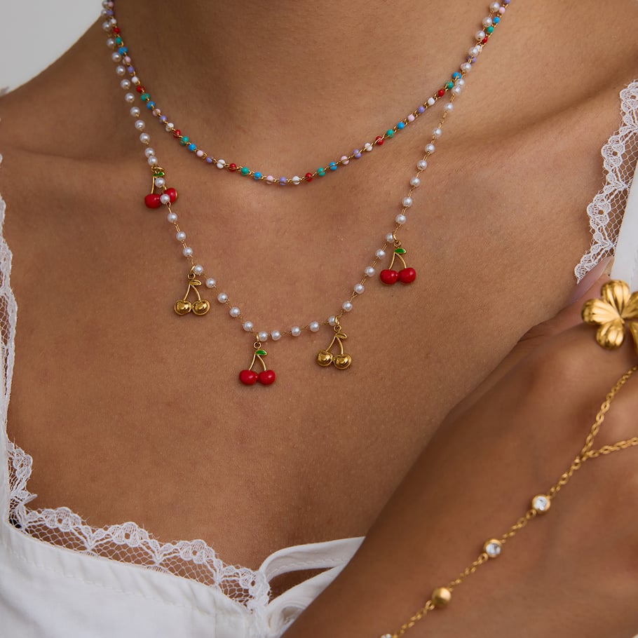 Sweet Cherry Stainless Steel Gold Color Pendant Necklace Picture3