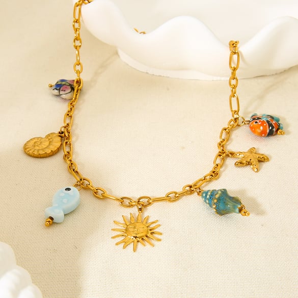 Collar de acero inoxidable con colgante de cerámica y elementos marinos para mujer