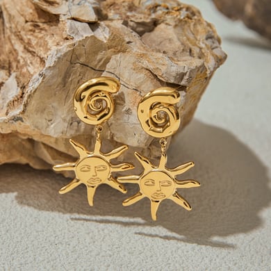 Retro Sun Stainless Steel Gold Color Drop Earrings h5 Picture5