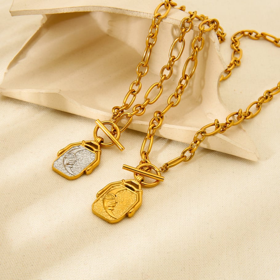 1 Paar Retro-Halsketten mit Sonne-/Mond-Anhänger aus Edelstahl in Goldfarbe für Unisex Bild3