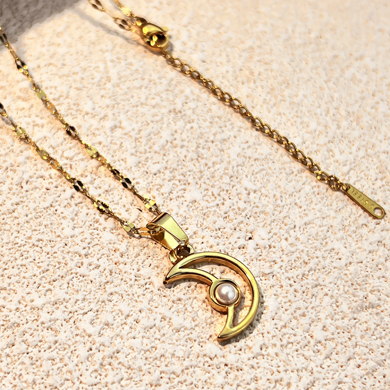 Moon Stainless Steel Gold Color Pendant Necklaces 