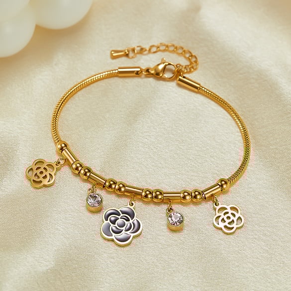Bracelets à breloques en acier inoxydable doré avec motif floral