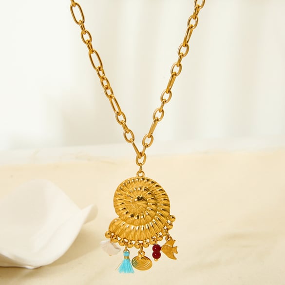 Collier pour femme en acier inoxydable couleur or, collection Fashion Ocean, grand conque