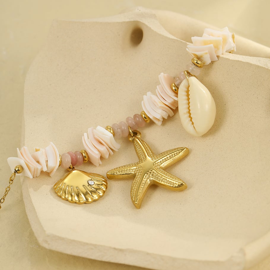 Collar con colgante de estrella de mar y concha de diseño creativo en color dorado para mujer Imagen5