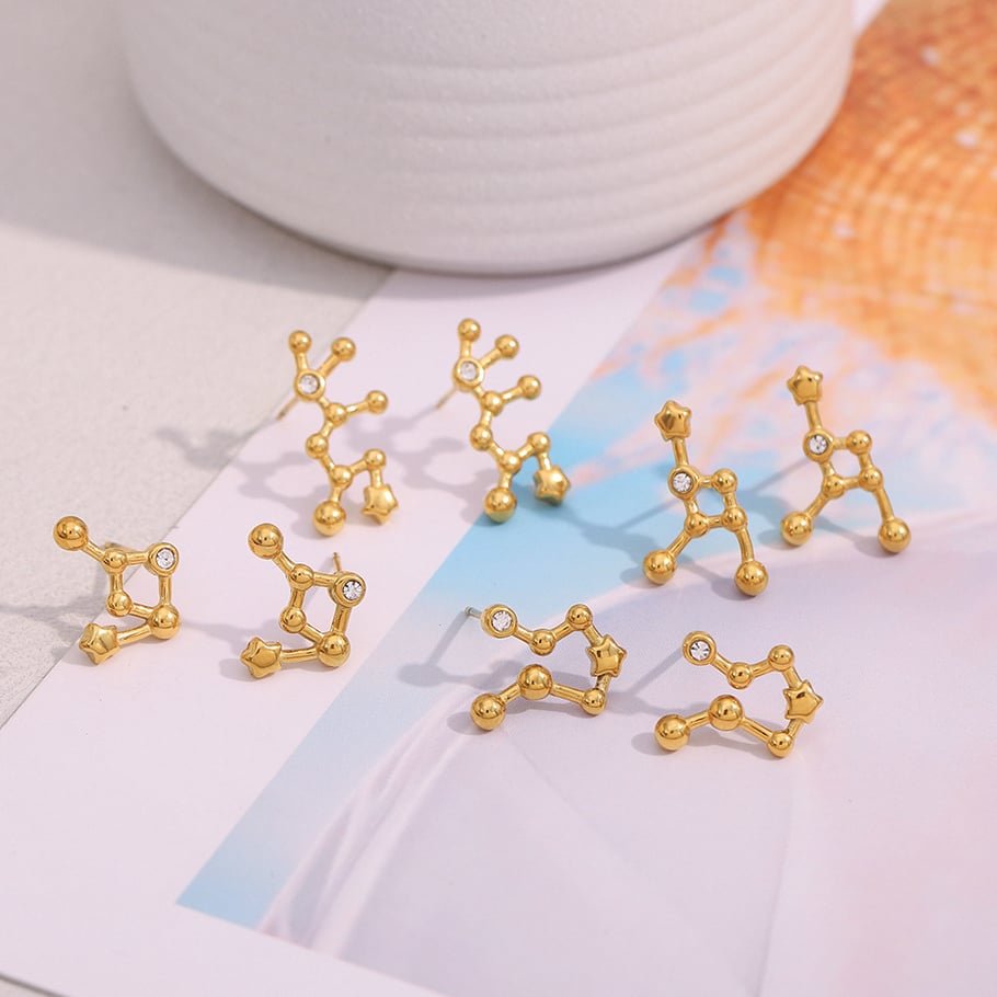 Pendientes de botón de acero inoxidable dorado con diseño de constelación para mujer Imagen2