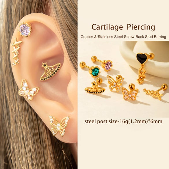 1 Çift Basit Seri Basit Kalp Bakır Altın Rengi Zirkonyum Kadın Piercing Küpe 2