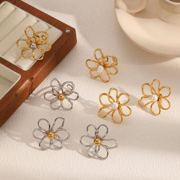Conjuntos de pendientes de acero inoxidable color dorado con flores