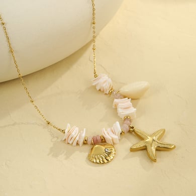 Collar con colgante de estrella de mar y concha de diseño creativo en color dorado para mujer h5 Imagen4