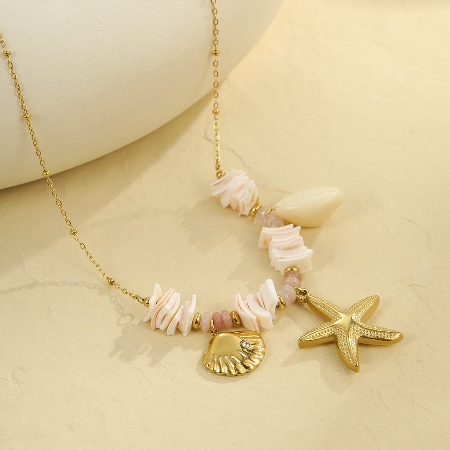 Collar con colgante de estrella de mar y concha de diseño creativo en color dorado para mujer Imagen4
