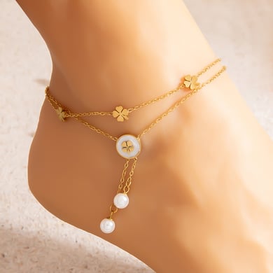 Classic Flower Stainless Steel Gold Color Artificial Pearl Women's Anklets h5 Picture5