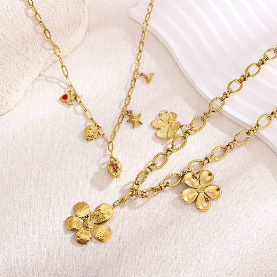 1 Paar luxuriöse Serie elegante Blume Edelstahl Gold Farbe Damen Anhänger Halsketten Bild3