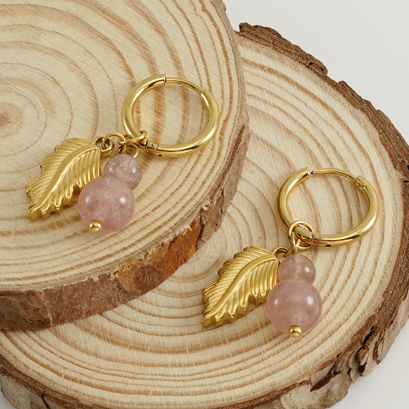 Orecchini pendenti in acciaio inossidabile color oro con foglie Immagine3