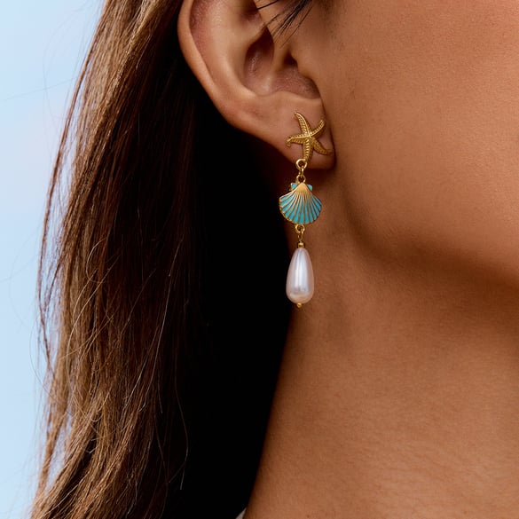 Orecchini pendenti in acciaio inossidabile color oro stile oceanico Ins 2
