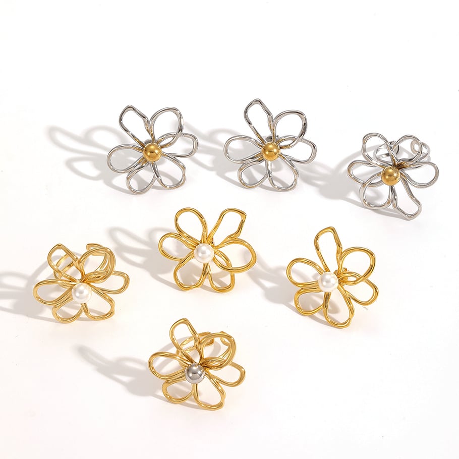 Conjuntos de pendientes de acero inoxidable color dorado con flores Imagen3