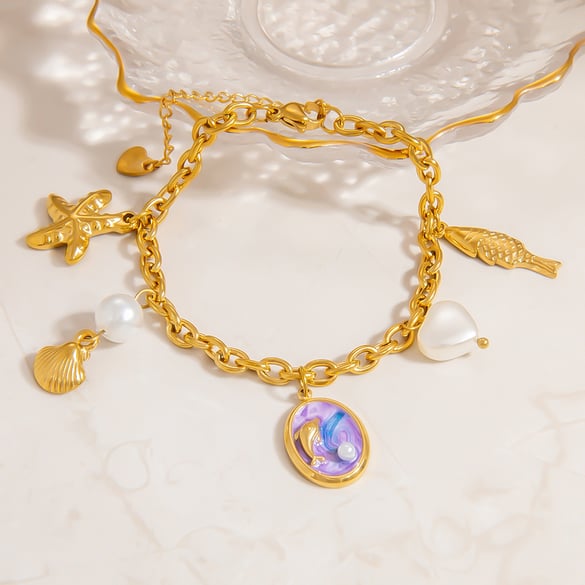 Braccialetti con ciondolo da donna in acciaio inossidabile color oro con perle artificiali a forma di tartaruga per le vacanze