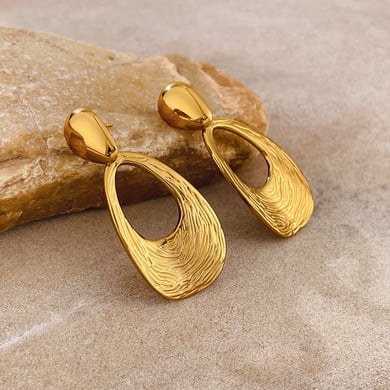 1 paio di orecchini pendenti ovali retrò in acciaio inossidabile color oro da donna h5 Immagine7