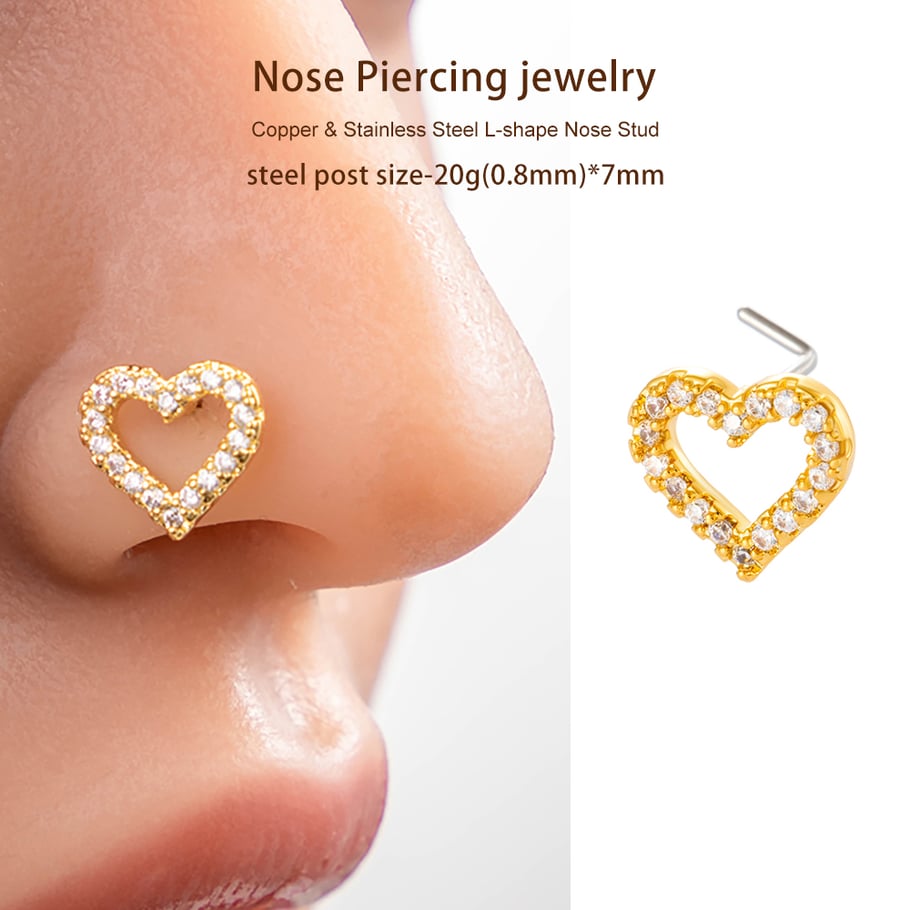 1 pièce de piercing de nez en forme de cœur en cuivre doré et zircon pour femme Image6