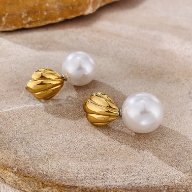 1 paio di orecchini a bottone classici da donna in acciaio inossidabile color oro a forma di conchiglia h5 Immagine7