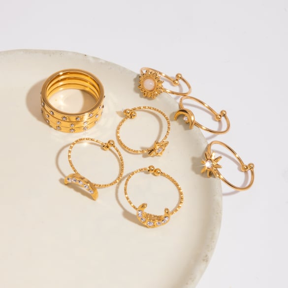 Casual Sun/Moon Stainless Steel Gold Color Ring Sets