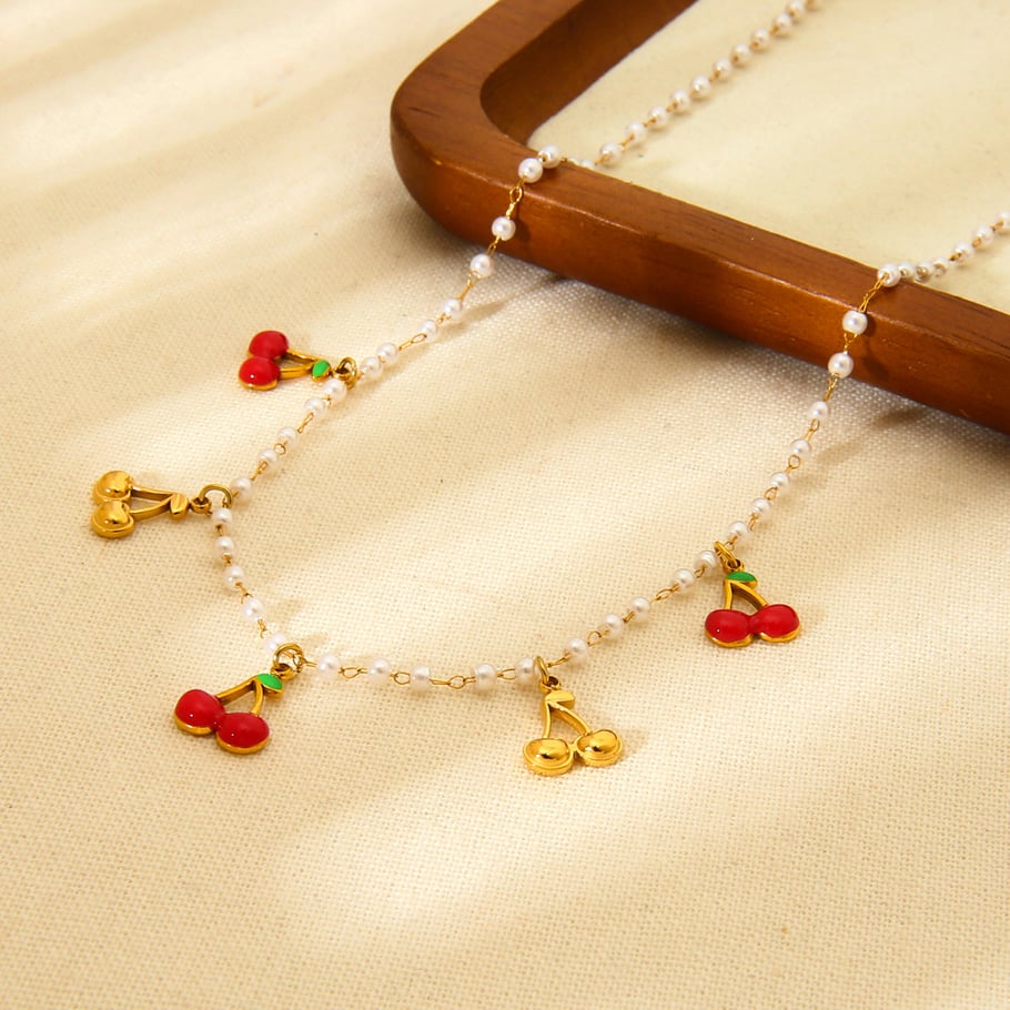 1 Paar romantische Serie süße Pflanze Edelstahl Gold Farbe künstliche Perle Damen Anhänger Halsketten Bild3