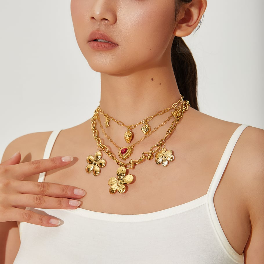 1 Paar luxuriöse Serie elegante Blume Edelstahl Gold Farbe Damen Anhänger Halsketten Bild4