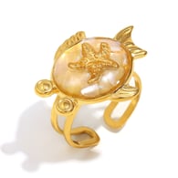 Anillo abierto de concha rota con gota de aceite de estrella de mar - Oro y blanco Imagen2