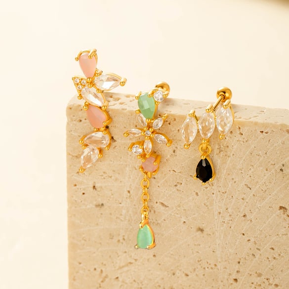 Boucles d&#39;oreilles piercing en zircon couleur or et cuivre fleur 2