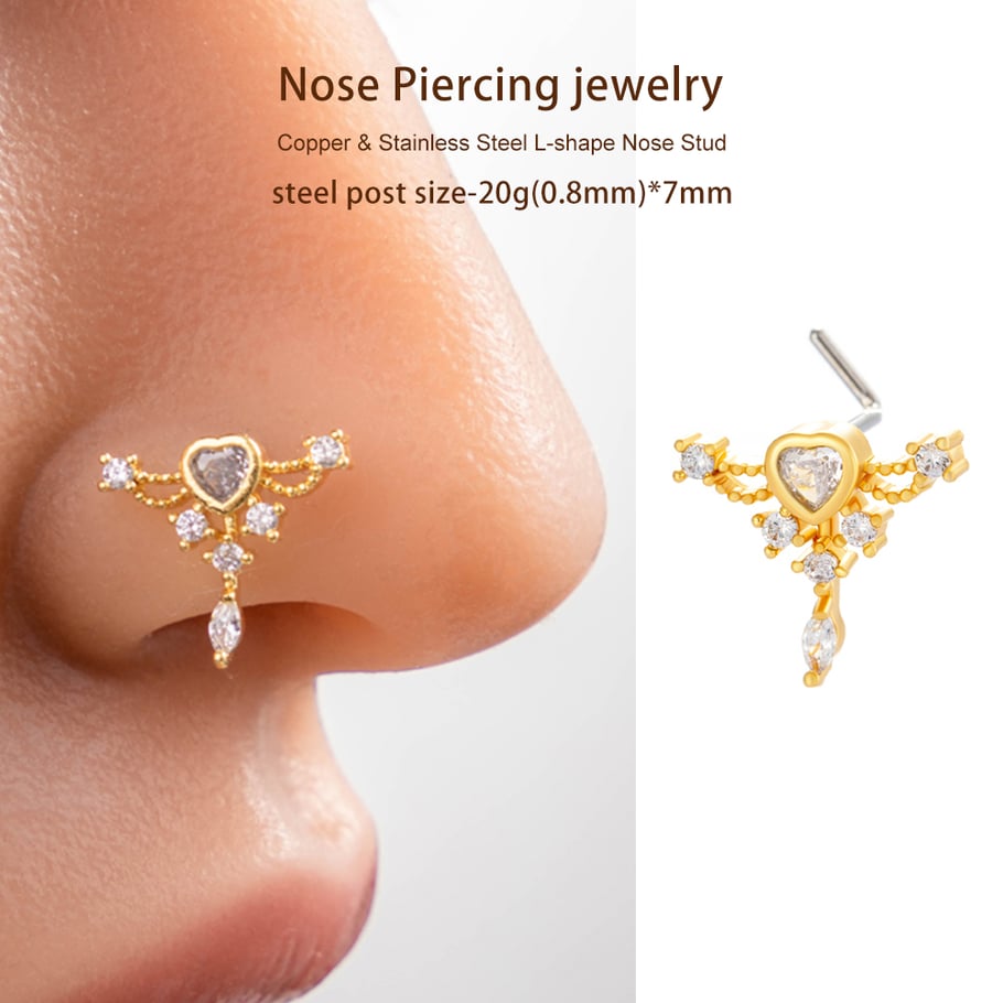 1 pièce de piercing de nez délicat en forme de cœur en cuivre doré et zircon pour femme Image5