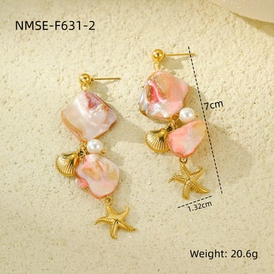 Pendientes de mujer con concha rosa y estrella de mar de la serie romántica h5 Imagen2