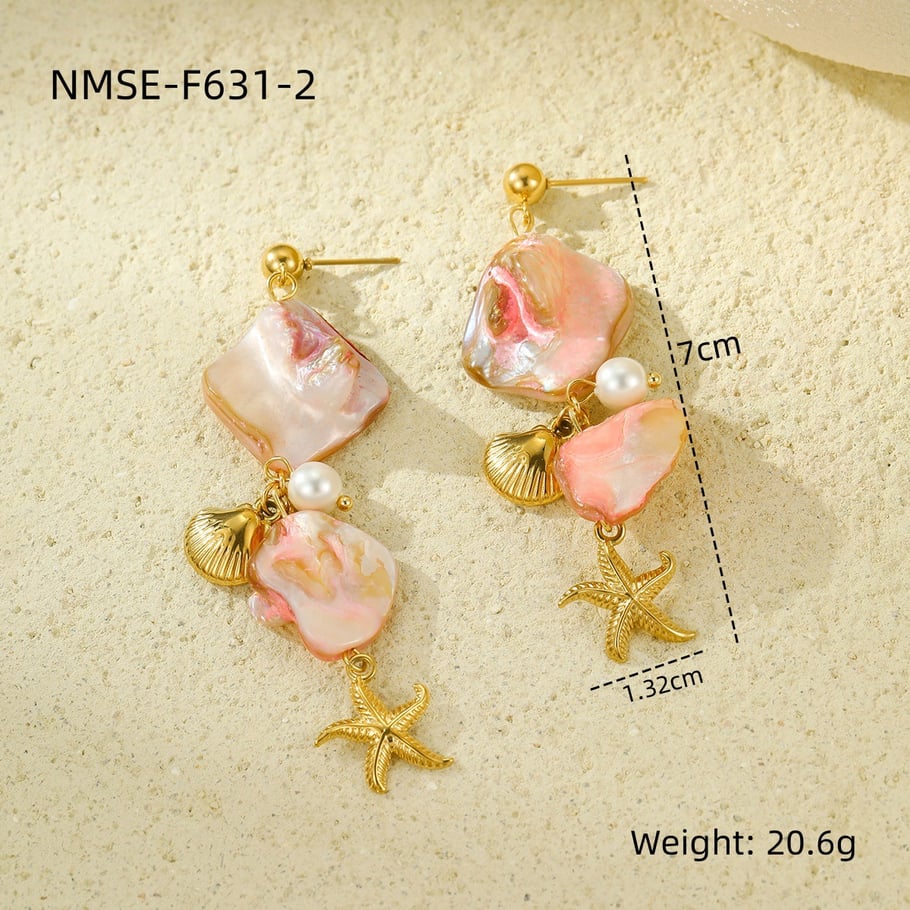 Pendientes de mujer con concha rosa y estrella de mar de la serie romántica Imagen2