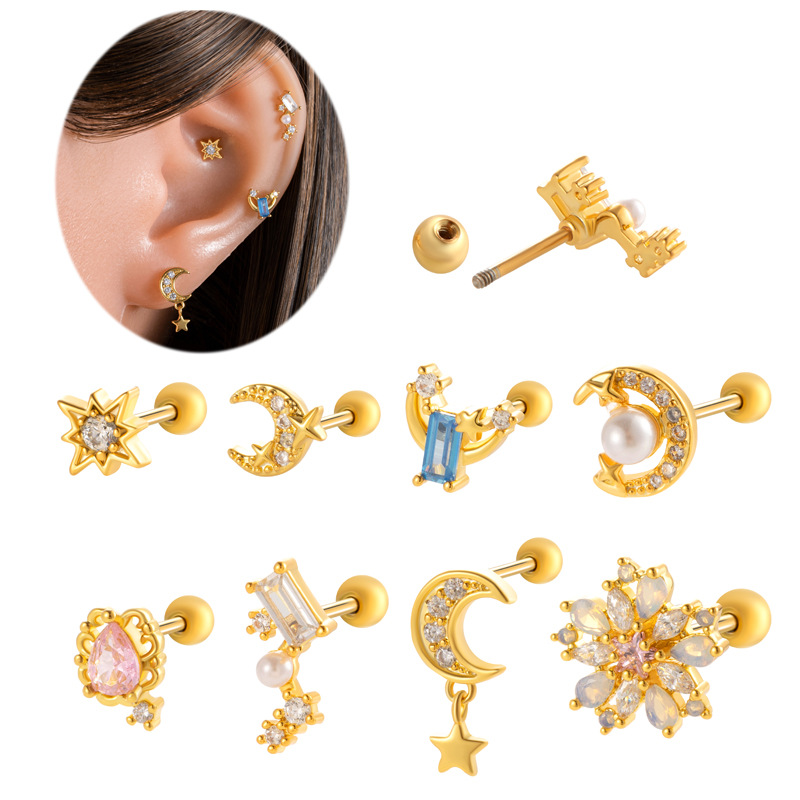 1 Pair Simple Series Simple Sun/Moon Copper   Gold Color  Zircon Women's Piercings Earrings Picture3