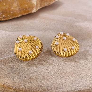 1 paio di splendidi orecchini a bottone da donna in acciaio inossidabile color oro con conchiglia h5 Immagine7