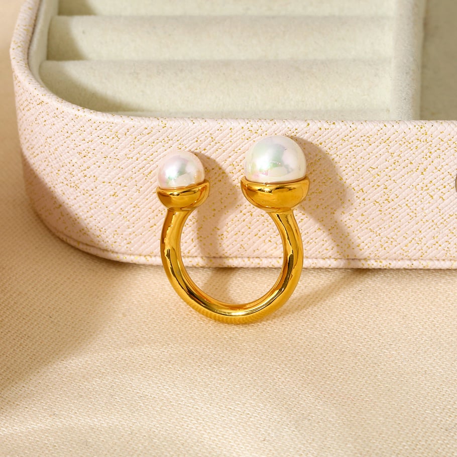 1 paire de bagues géométriques élégantes en acier inoxydable couleur or, série romantique, avec perles artificielles Image3