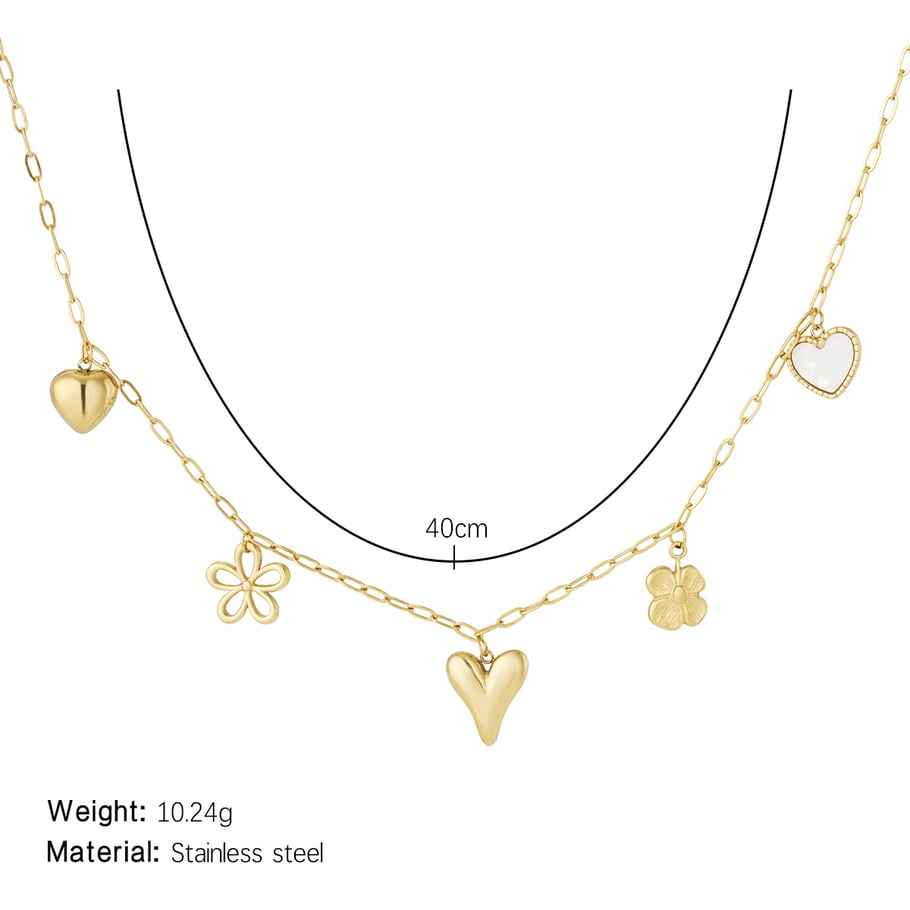 Fonkelende hartvormige bloemvormige hangerketting van roestvrij staal met gouden hanger voor dames Afbeelding2