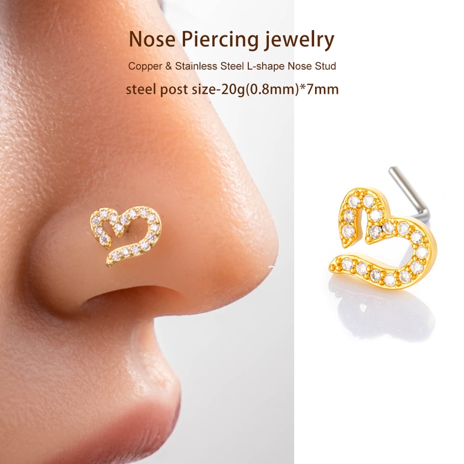 1 pièce de piercing de nez en forme de cœur en cuivre doré et zircon pour femme Image5