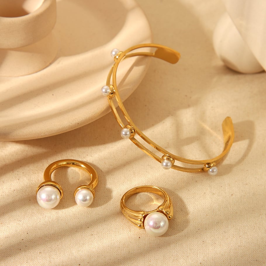 1 paire de bagues géométriques élégantes en acier inoxydable couleur or, série romantique, avec perles artificielles Image2