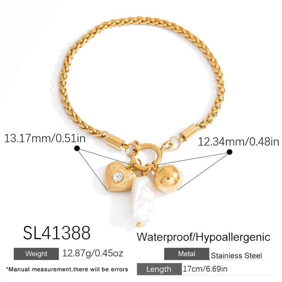Simple Heart Stainless Steel Gold Color Zircon Women's Charm Bracelets 