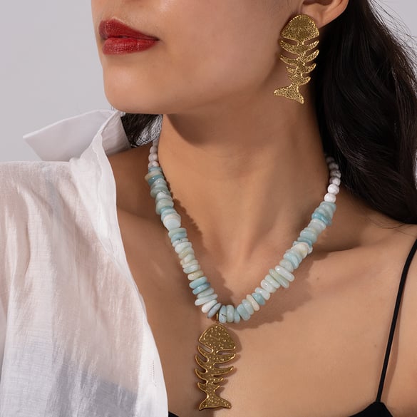 Fishbone White Turquoise Beads Women's Pendant Necklaces